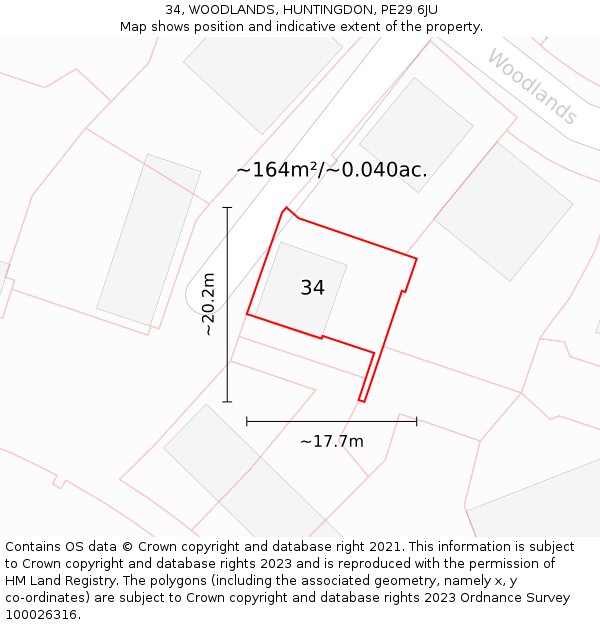 34, WOODLANDS, HUNTINGDON, PE29 6JU: Plot and title map