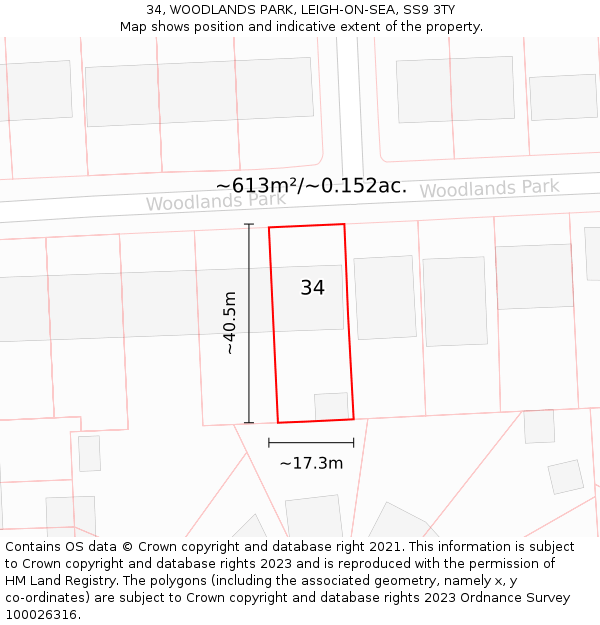 34, WOODLANDS PARK, LEIGH-ON-SEA, SS9 3TY: Plot and title map