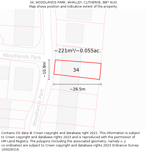 34, WOODLANDS PARK, WHALLEY, CLITHEROE, BB7 9UG: Plot and title map