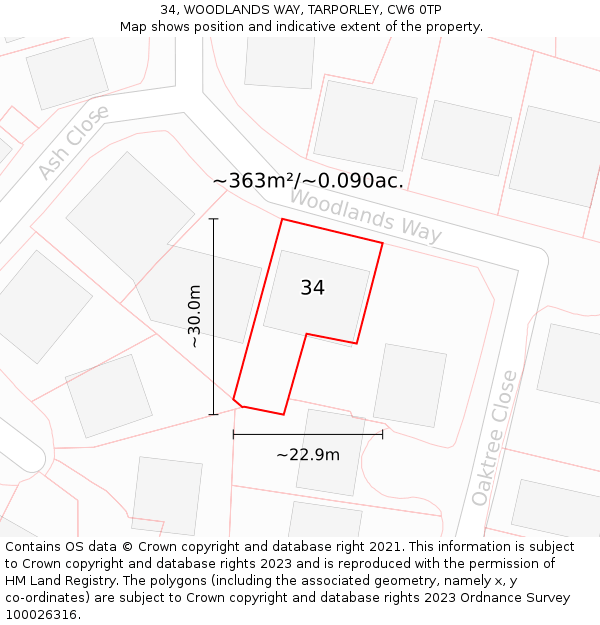 34, WOODLANDS WAY, TARPORLEY, CW6 0TP: Plot and title map