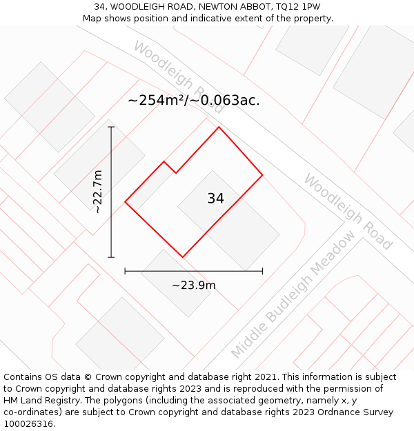 34, WOODLEIGH ROAD, NEWTON ABBOT, TQ12 1PW: Plot and title map