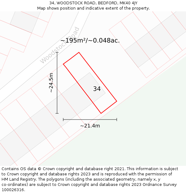 34, WOODSTOCK ROAD, BEDFORD, MK40 4JY: Plot and title map