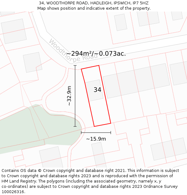 34, WOODTHORPE ROAD, HADLEIGH, IPSWICH, IP7 5HZ: Plot and title map
