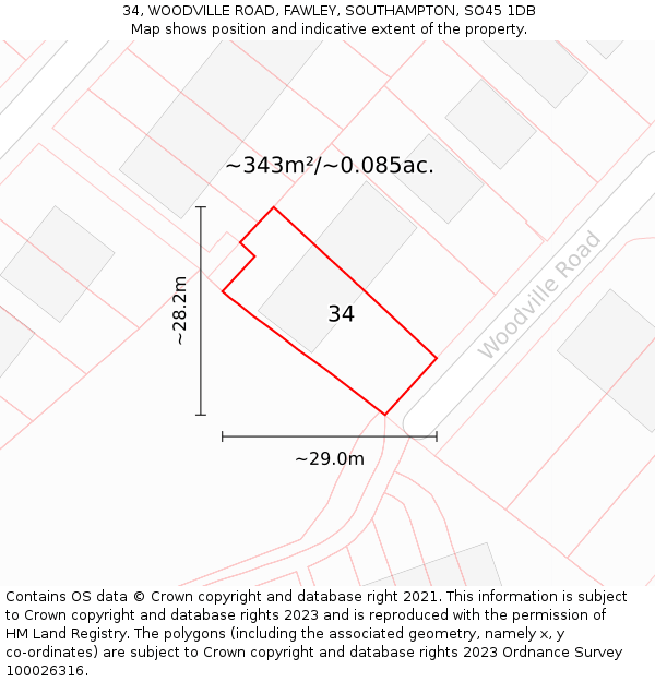 34, WOODVILLE ROAD, FAWLEY, SOUTHAMPTON, SO45 1DB: Plot and title map