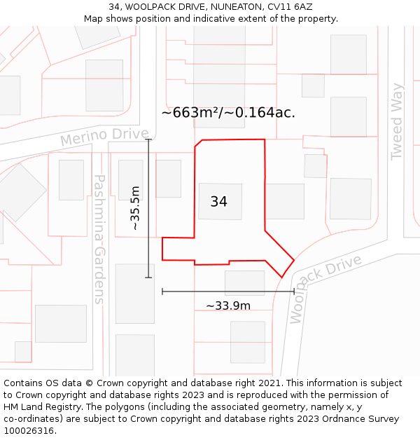 34, WOOLPACK DRIVE, NUNEATON, CV11 6AZ: Plot and title map
