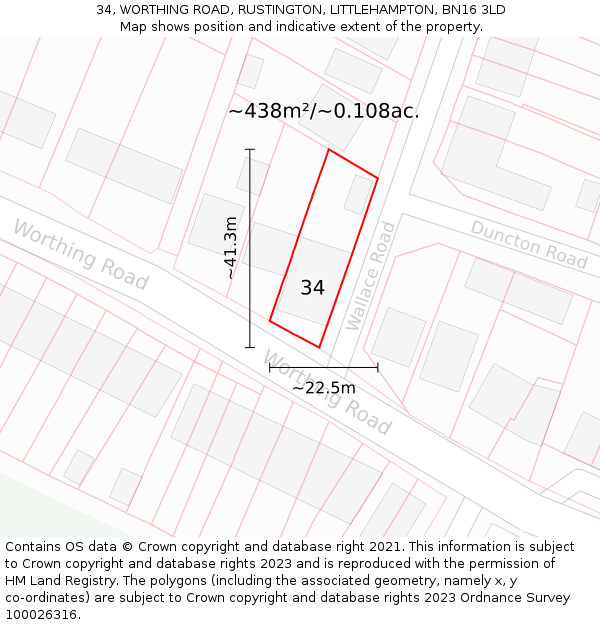 34, WORTHING ROAD, RUSTINGTON, LITTLEHAMPTON, BN16 3LD: Plot and title map