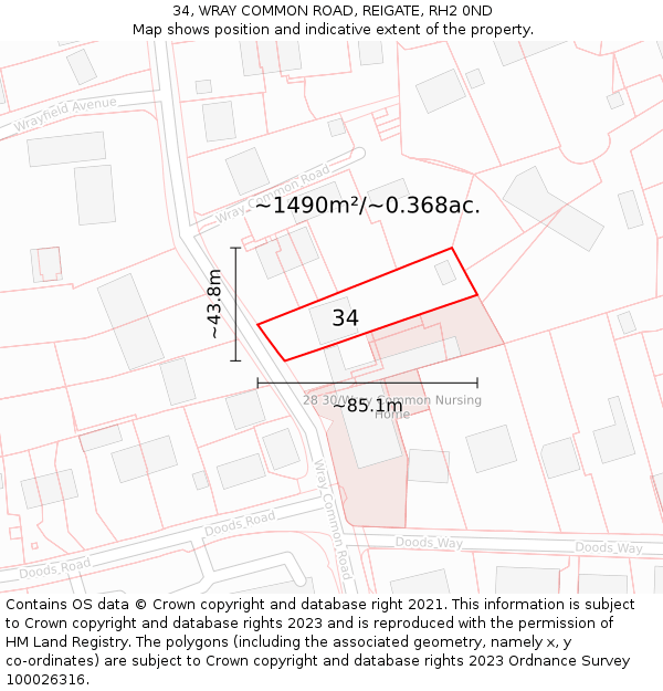 34, WRAY COMMON ROAD, REIGATE, RH2 0ND: Plot and title map