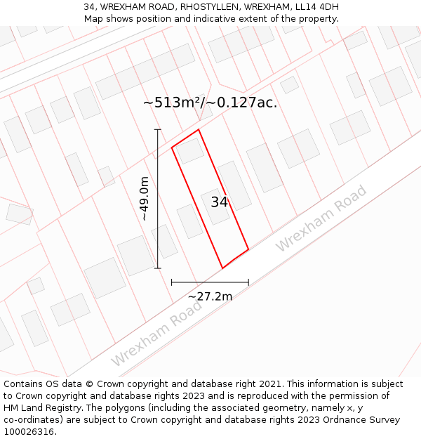 34, WREXHAM ROAD, RHOSTYLLEN, WREXHAM, LL14 4DH: Plot and title map