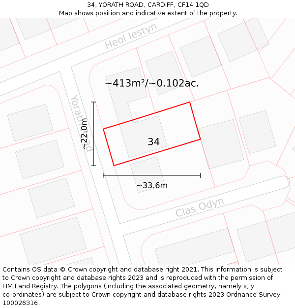34, YORATH ROAD, CARDIFF, CF14 1QD: Plot and title map