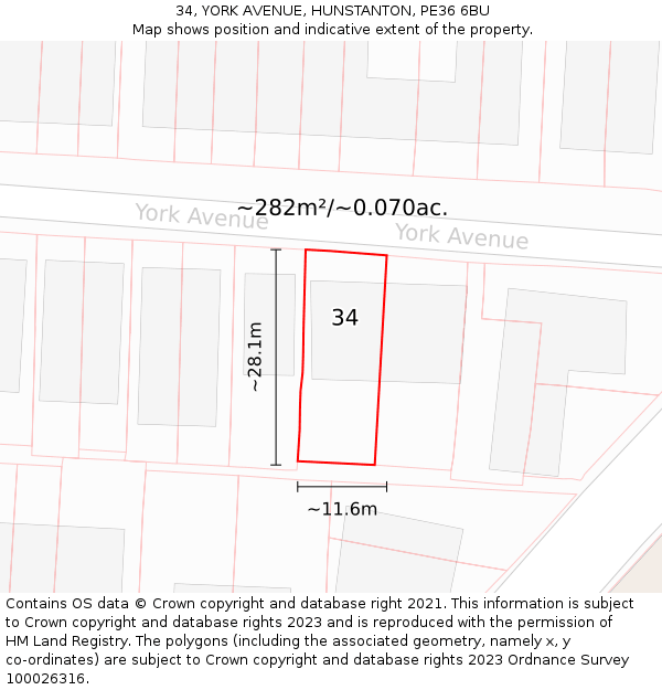 34, YORK AVENUE, HUNSTANTON, PE36 6BU: Plot and title map