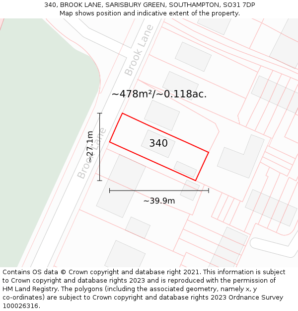 340, BROOK LANE, SARISBURY GREEN, SOUTHAMPTON, SO31 7DP: Plot and title map