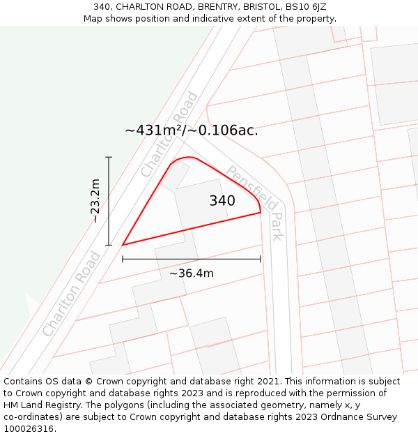 340, CHARLTON ROAD, BRENTRY, BRISTOL, BS10 6JZ: Plot and title map
