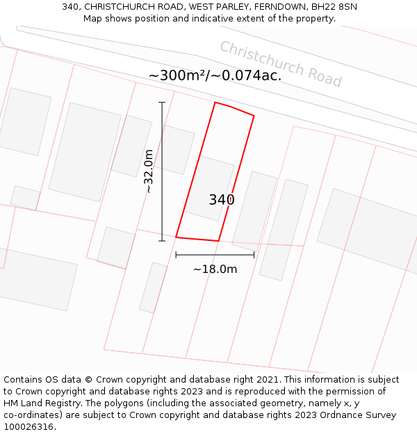 340, CHRISTCHURCH ROAD, WEST PARLEY, FERNDOWN, BH22 8SN: Plot and title map