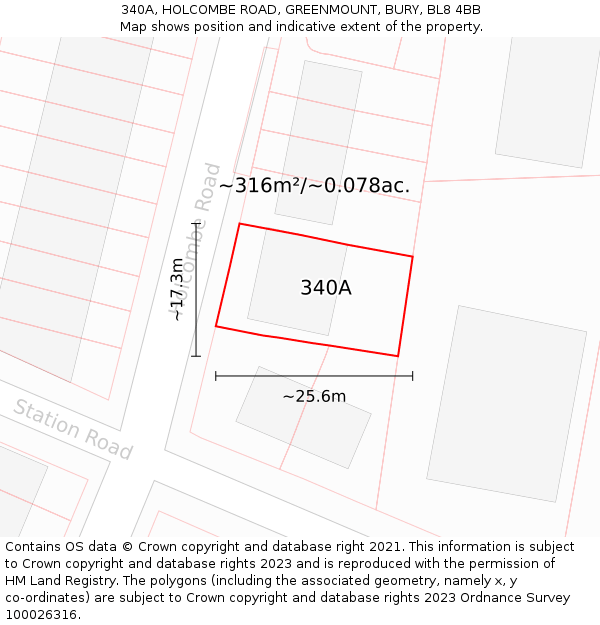 340A, HOLCOMBE ROAD, GREENMOUNT, BURY, BL8 4BB: Plot and title map