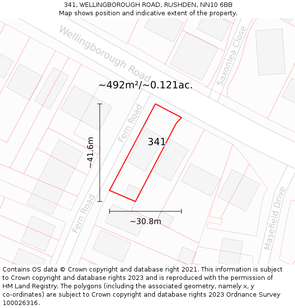 341, WELLINGBOROUGH ROAD, RUSHDEN, NN10 6BB: Plot and title map