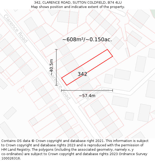 342, CLARENCE ROAD, SUTTON COLDFIELD, B74 4LU: Plot and title map