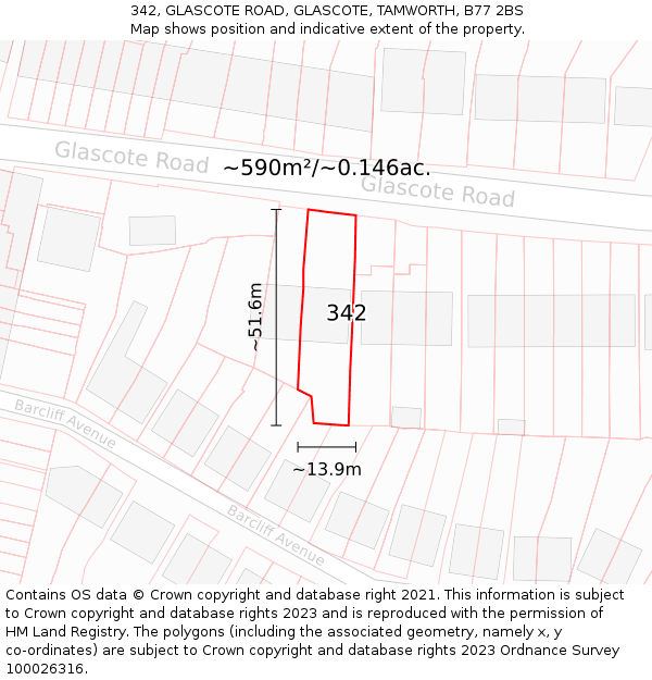 342, GLASCOTE ROAD, GLASCOTE, TAMWORTH, B77 2BS: Plot and title map