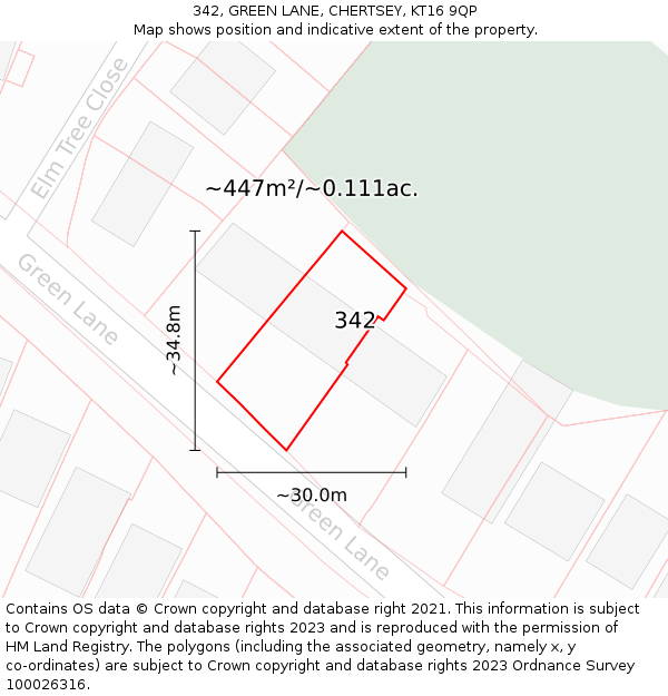 342, GREEN LANE, CHERTSEY, KT16 9QP: Plot and title map