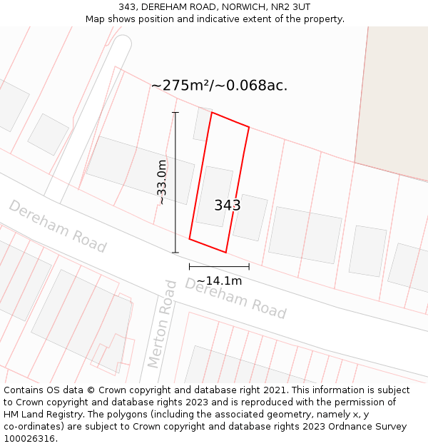 343, DEREHAM ROAD, NORWICH, NR2 3UT: Plot and title map