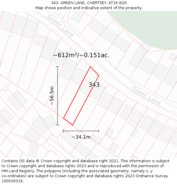 343, GREEN LANE, CHERTSEY, KT16 9QS: Plot and title map