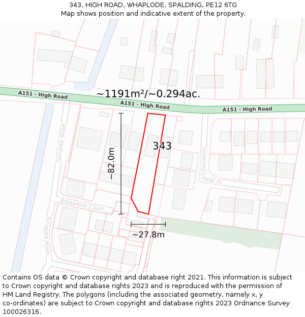343, HIGH ROAD, WHAPLODE, SPALDING, PE12 6TG: Plot and title map