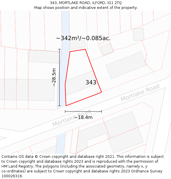 343, MORTLAKE ROAD, ILFORD, IG1 2TQ: Plot and title map