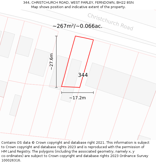 344, CHRISTCHURCH ROAD, WEST PARLEY, FERNDOWN, BH22 8SN: Plot and title map