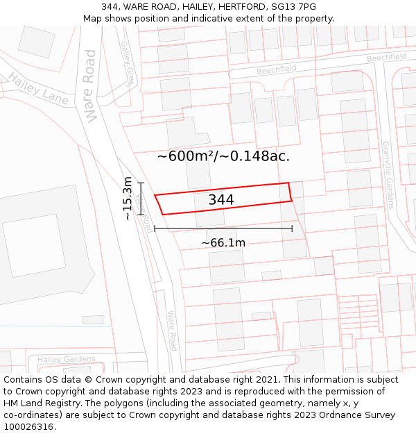 344, WARE ROAD, HAILEY, HERTFORD, SG13 7PG: Plot and title map