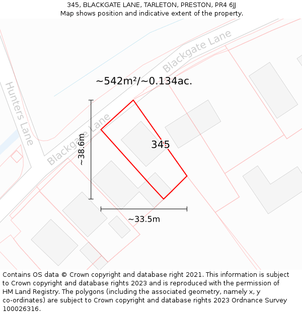 345, BLACKGATE LANE, TARLETON, PRESTON, PR4 6JJ: Plot and title map