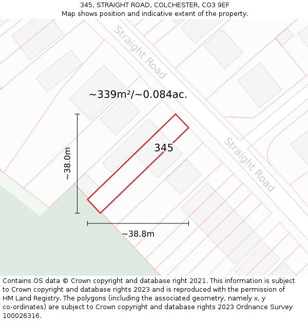 345, STRAIGHT ROAD, COLCHESTER, CO3 9EF: Plot and title map