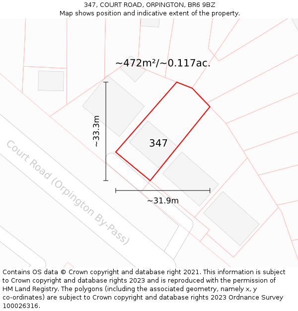 347, COURT ROAD, ORPINGTON, BR6 9BZ: Plot and title map