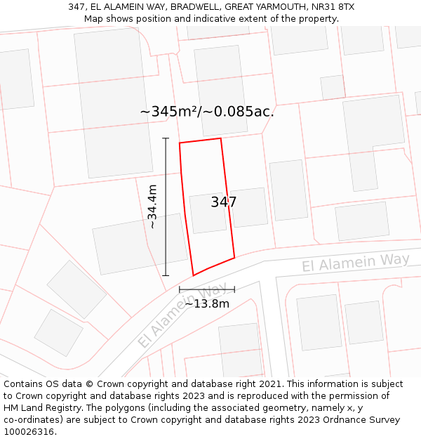 347, EL ALAMEIN WAY, BRADWELL, GREAT YARMOUTH, NR31 8TX: Plot and title map