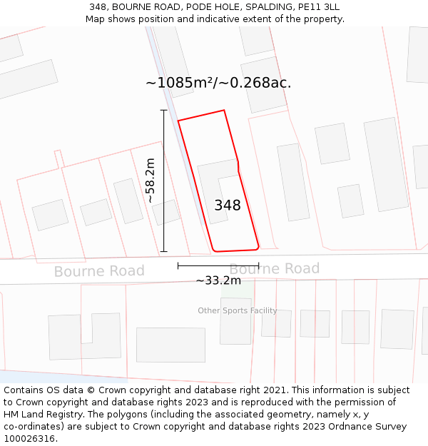 348, BOURNE ROAD, PODE HOLE, SPALDING, PE11 3LL: Plot and title map