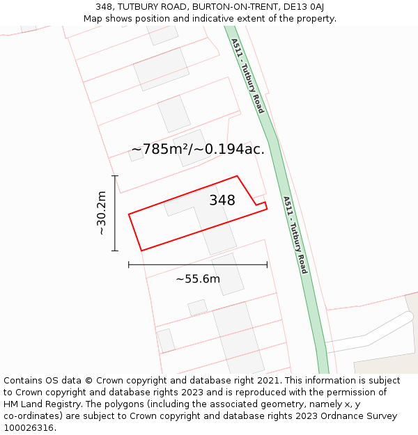 348, TUTBURY ROAD, BURTON-ON-TRENT, DE13 0AJ: Plot and title map