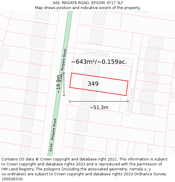 349, REIGATE ROAD, EPSOM, KT17 3LT: Plot and title map
