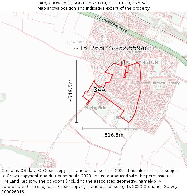 34A, CROWGATE, SOUTH ANSTON, SHEFFIELD, S25 5AL: Plot and title map