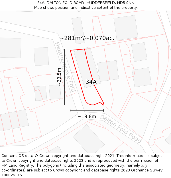 34A, DALTON FOLD ROAD, HUDDERSFIELD, HD5 9NN: Plot and title map