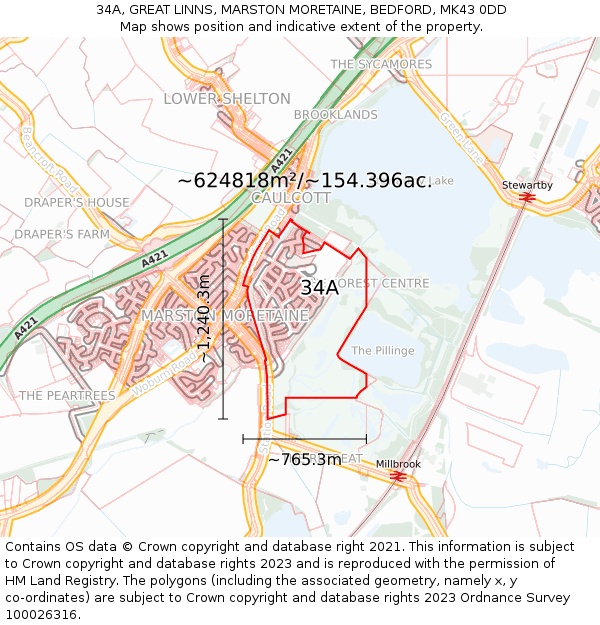 34A, GREAT LINNS, MARSTON MORETAINE, BEDFORD, MK43 0DD: Plot and title map