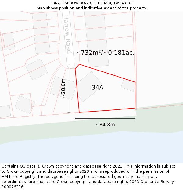 34A, HARROW ROAD, FELTHAM, TW14 8RT: Plot and title map