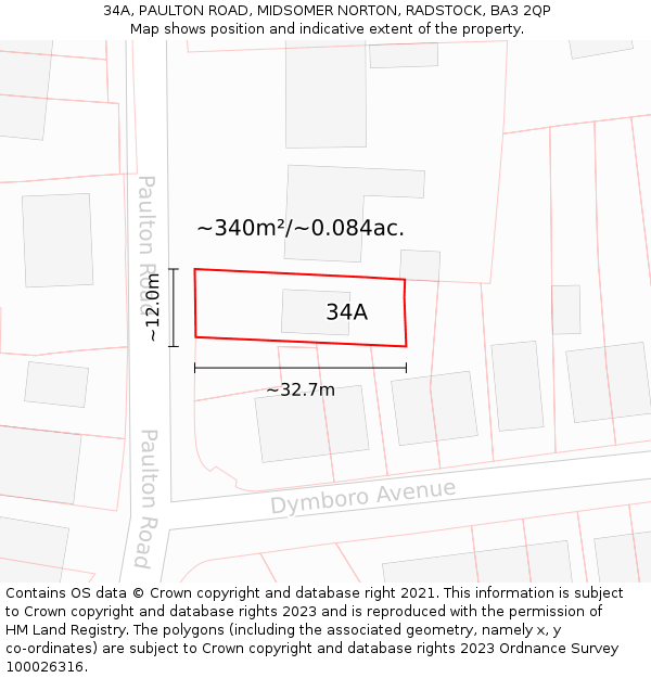34A, PAULTON ROAD, MIDSOMER NORTON, RADSTOCK, BA3 2QP: Plot and title map