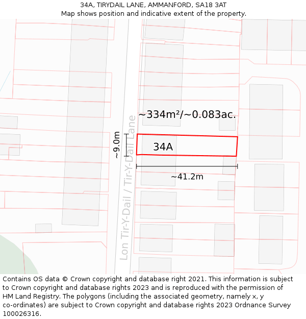 34A, TIRYDAIL LANE, AMMANFORD, SA18 3AT: Plot and title map