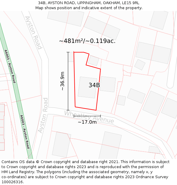 34B, AYSTON ROAD, UPPINGHAM, OAKHAM, LE15 9RL: Plot and title map