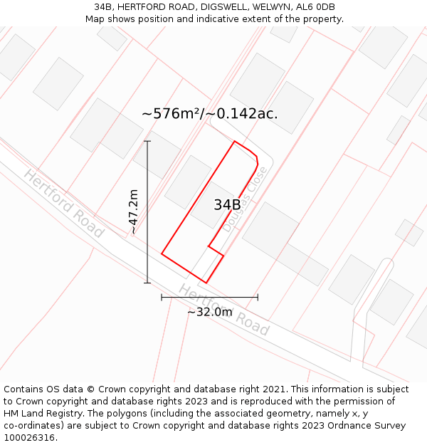 34B, HERTFORD ROAD, DIGSWELL, WELWYN, AL6 0DB: Plot and title map