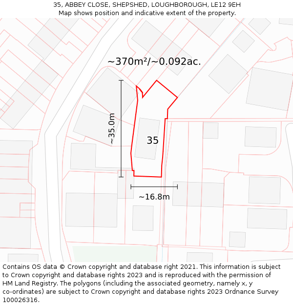 35, ABBEY CLOSE, SHEPSHED, LOUGHBOROUGH, LE12 9EH: Plot and title map