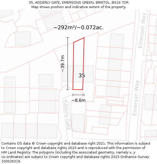 35, ADDERLY GATE, EMERSONS GREEN, BRISTOL, BS16 7DR: Plot and title map