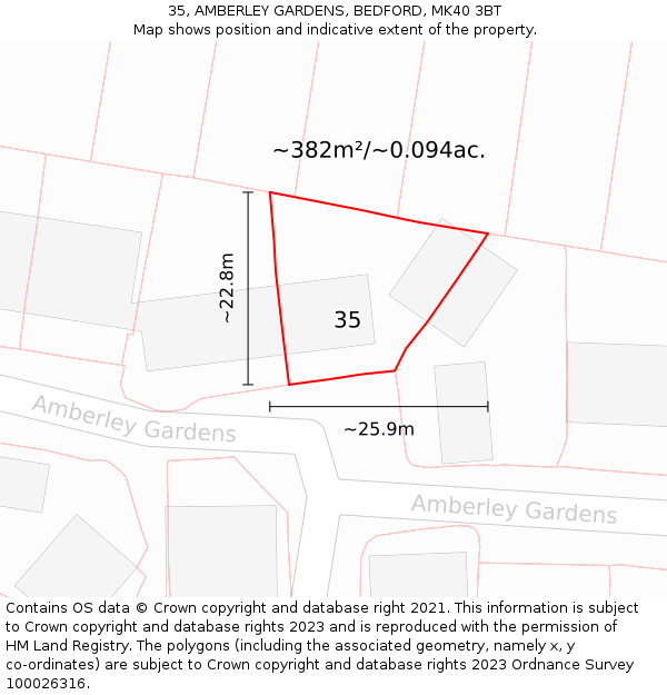 35, AMBERLEY GARDENS, BEDFORD, MK40 3BT: Plot and title map