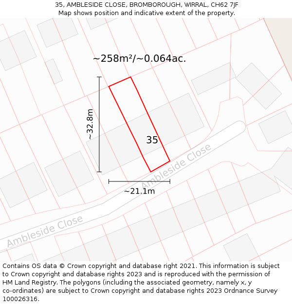 35, AMBLESIDE CLOSE, BROMBOROUGH, WIRRAL, CH62 7JF: Plot and title map