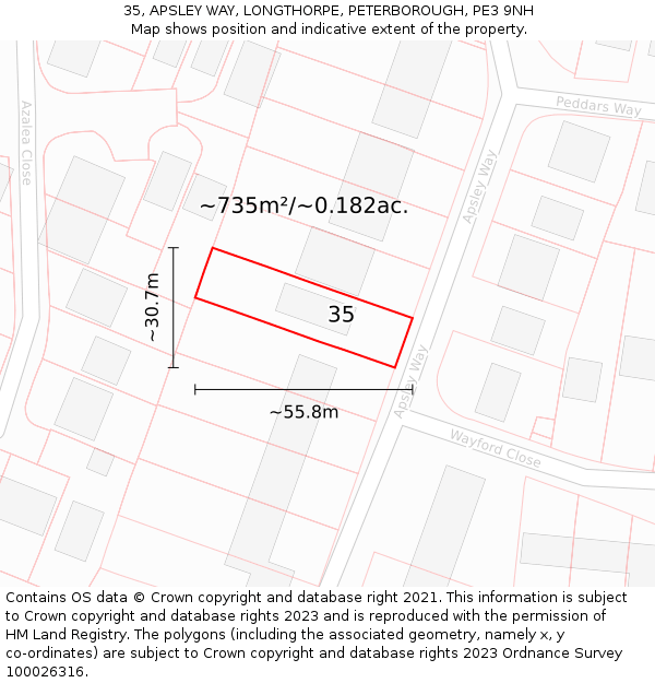 35, APSLEY WAY, LONGTHORPE, PETERBOROUGH, PE3 9NH: Plot and title map