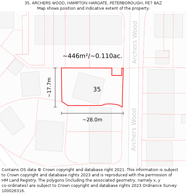 35, ARCHERS WOOD, HAMPTON HARGATE, PETERBOROUGH, PE7 8AZ: Plot and title map