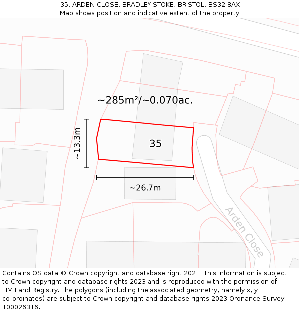 35, ARDEN CLOSE, BRADLEY STOKE, BRISTOL, BS32 8AX: Plot and title map